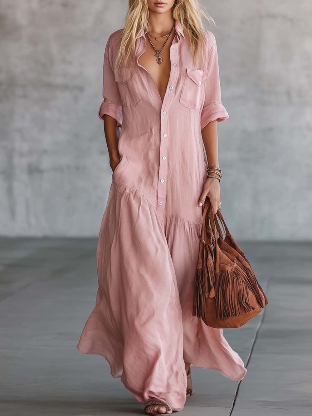 Light Pink Maxi Shirt Dress with Button Front